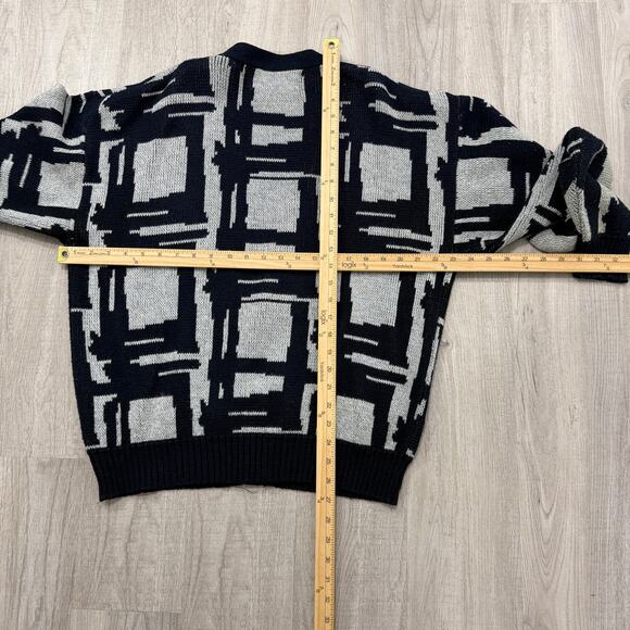 Vintage Geometric Cardigan Sweater Men's Large Black White Knit 90s Abstract - Picture 6 of 7
